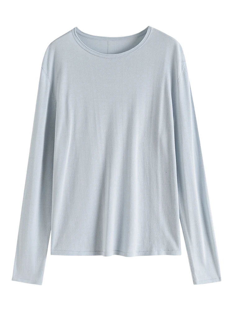 FSLE Simple Style Elegant Round Neck Knitted Top for Women Spring Long-sleeved Thin Tencel Inner Layering Shirt Female 24FS11013