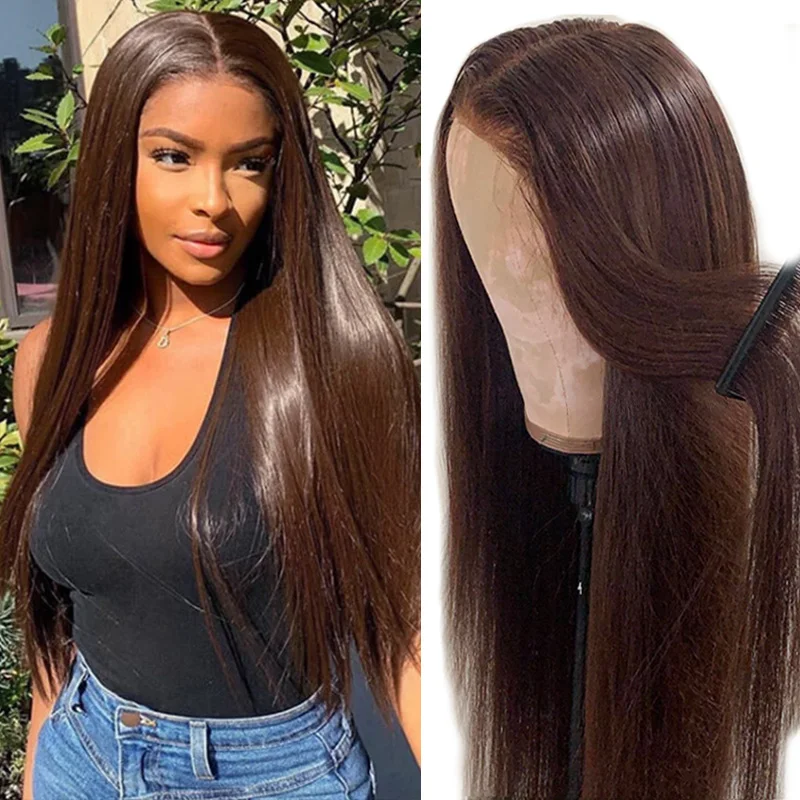 Transparent Lace Frontal Wig Dark Brown Human Hair Wigs Peruvian Colored Straight Lace Front Wigs Women Ginger Blonde Brown Wigs