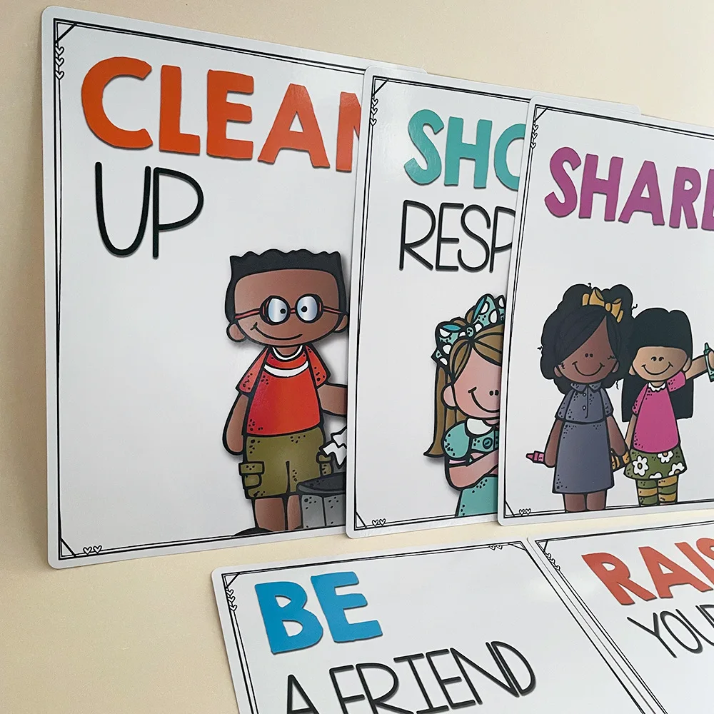 10 مجموعات من قواعد الفصول الدراسية الإنجليزية مقاس A4 للأطفال من سن 3 إلى 6 سنوات، زراعة العادات الجيدة وملصقات الانضباط في الفصل الدراسي