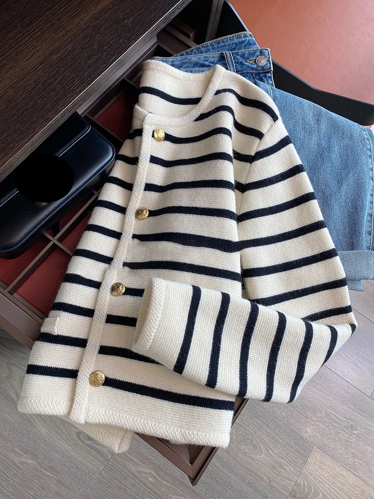 

Contrast Color Black Red Striped Sweater Coat Women Autumn Winter Knitted Button Cardigan Casual Fashion Top