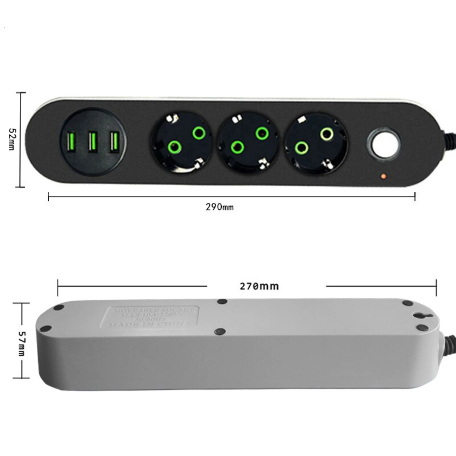 EU Plug Power Strip with 3 USB Charging Ports, 2M/3M/5M Power Cord, Wall Charging Adapter - Suitable for Home & Office