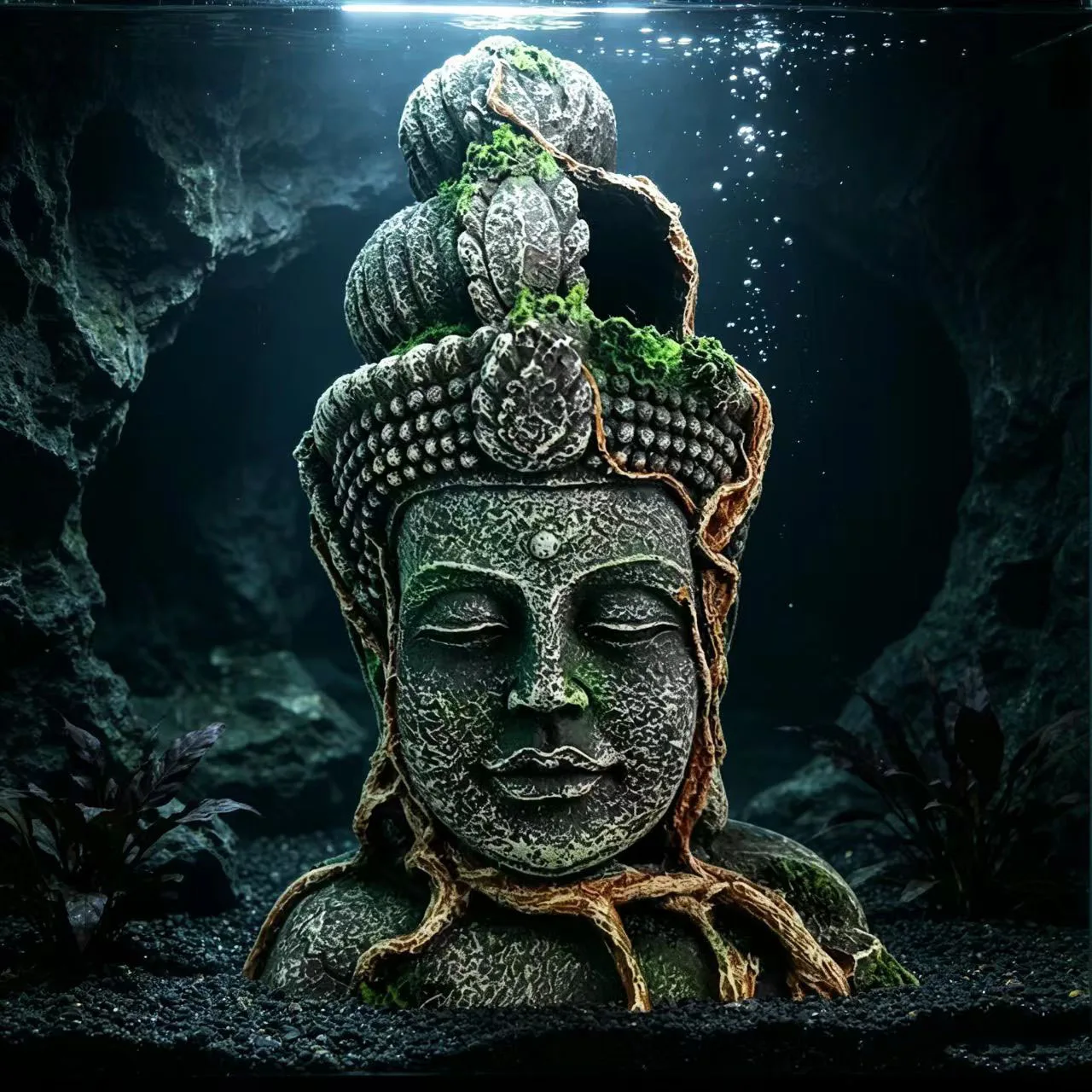 Fish Tank Artificial Root Wrapped Buddha Head Resin Landscape Decoration Aquarium Ornament Cave Aquatic Rest Hide Play Shelter