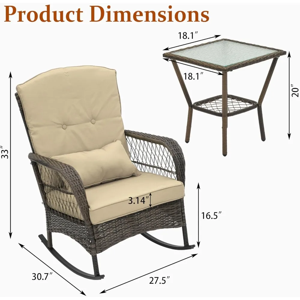 3 Pieces Outdoor Patio Rocking Chair, Patio Furniture with Thick Cushions and A Glass Table, Ideal for Porches, Backyards or Gar