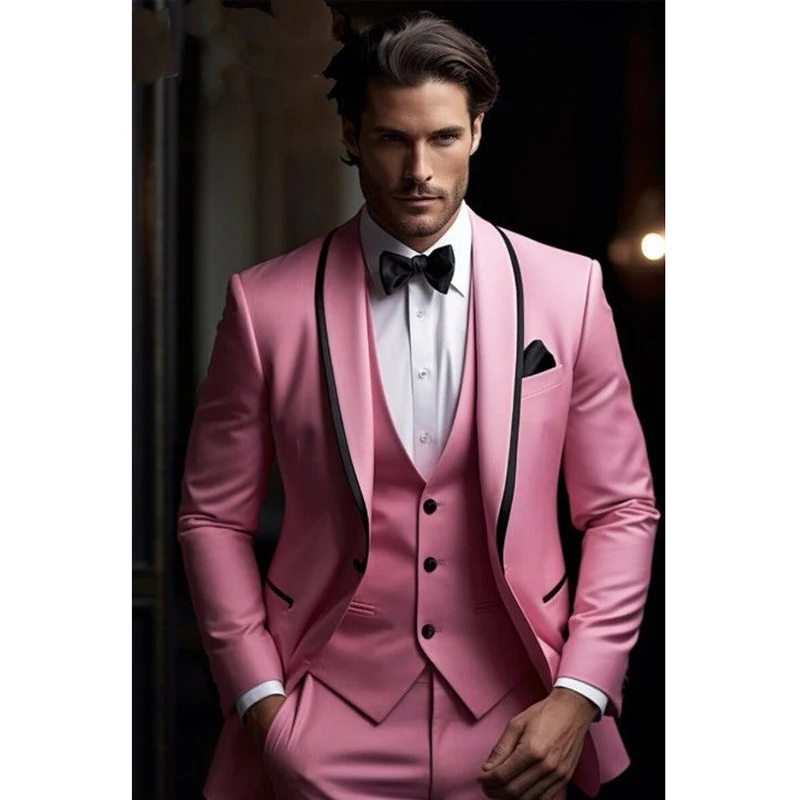 

Luxury Pink Suits for Men Shawl Lapel Single Breasted Prom Party Luxury 3 Piece Jacket Pants with Vest High Quality Outfits