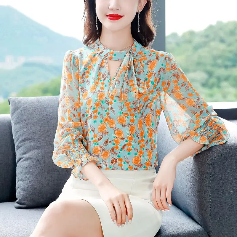 Women Clothes Vintage Floral Print Hollow Bow Elegant Blouses Spring Summer Long Sleeve Sweet Chic Shirts Blusa Mujer Moda 2023