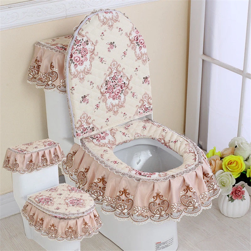 

Жаккардовая ткань на молнии, домашний коврик для сиденья для унитаза, комплект из 3 предметов, европейский кружевной узор с принтом, четыре сезона, мягкий комфортный чехол для унитаза