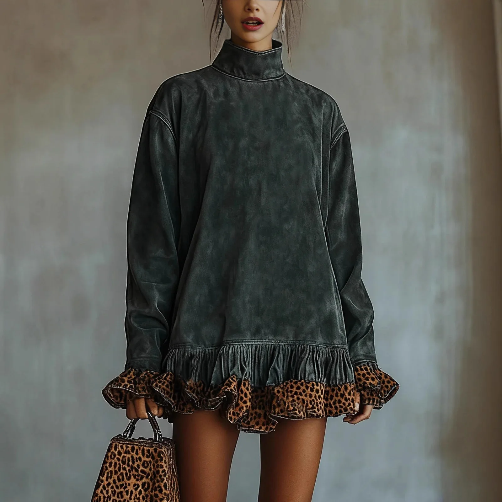 Rollkragenkleid mit Leopardenbesatz für Damen, langärmelig, Vintage-Stil, ausgestellte Ärmel, lässig, Retro, locker, gerade, Minikleider 2025,
