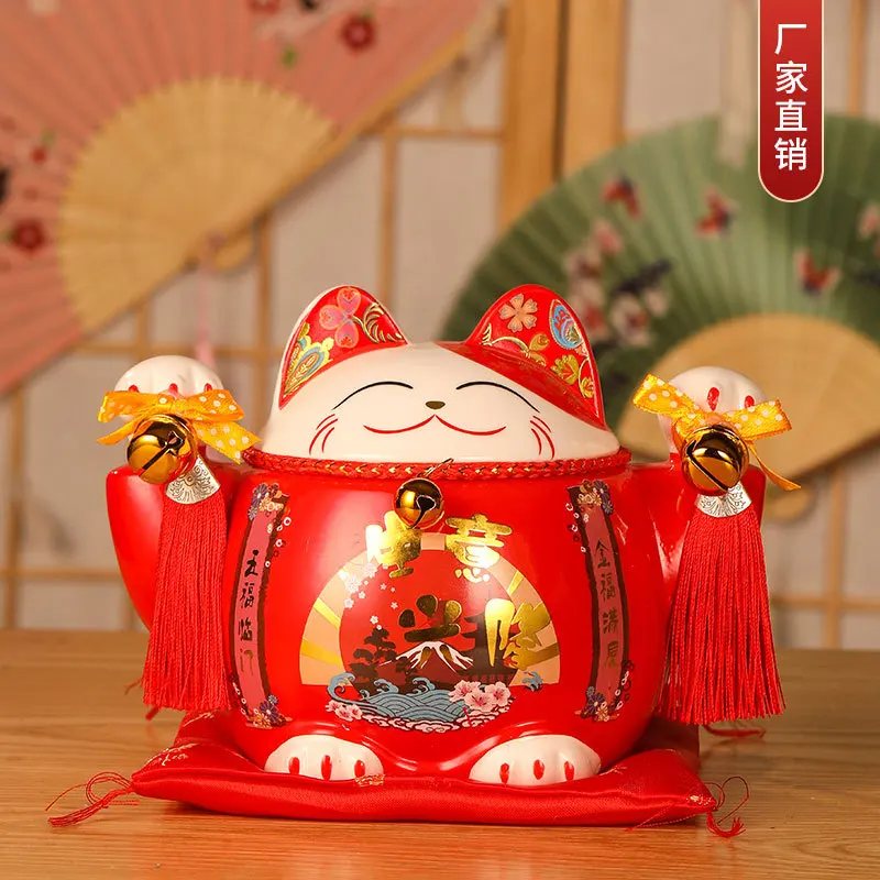 8Inch Red Ceramic Manaki Neko Feng Shui Decor Lucky Cat Beckoning Cat Piggy Bank Business Gift Home Decoration Money Box