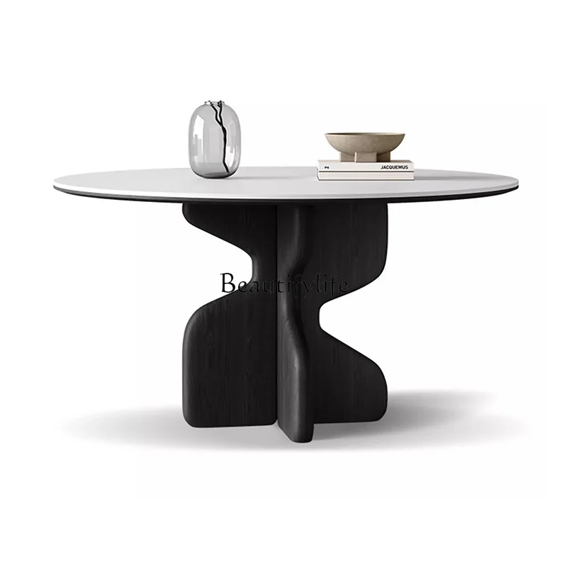 

Retro style solid wood round table household with turntable black matte French solid wood rock slab dining table round