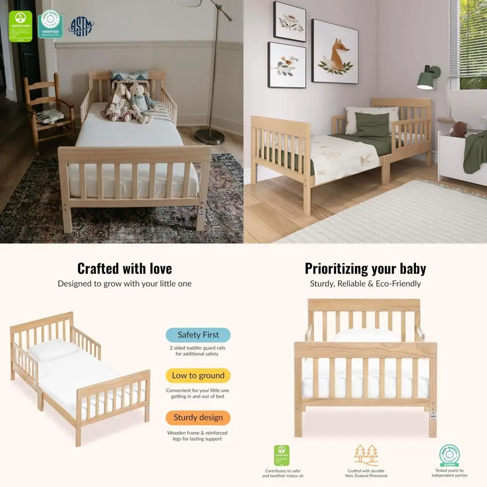 

Детская кроватка из винтажного белого дуба, сертифицированная Greenguard Gold и JPMA, с нетоксичным покрытием, из экологичной новозеландской сосны, низкая к полу, с защитными элементами.