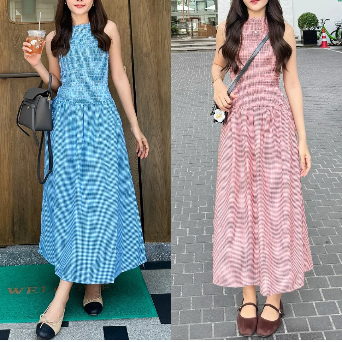 

Summer retro vacation plaid loose dress fashionable street style one-shoulder sleeveless casual pleated ladies long skirt