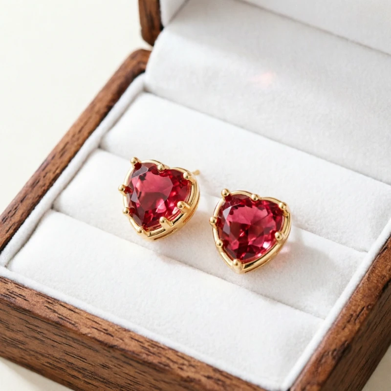 Women's Elegant Romantic Heart Synthetic Ruby Pierced Stud Earrings Wedding Jewelry Sparkling Luxury Engagement Accessories Gift