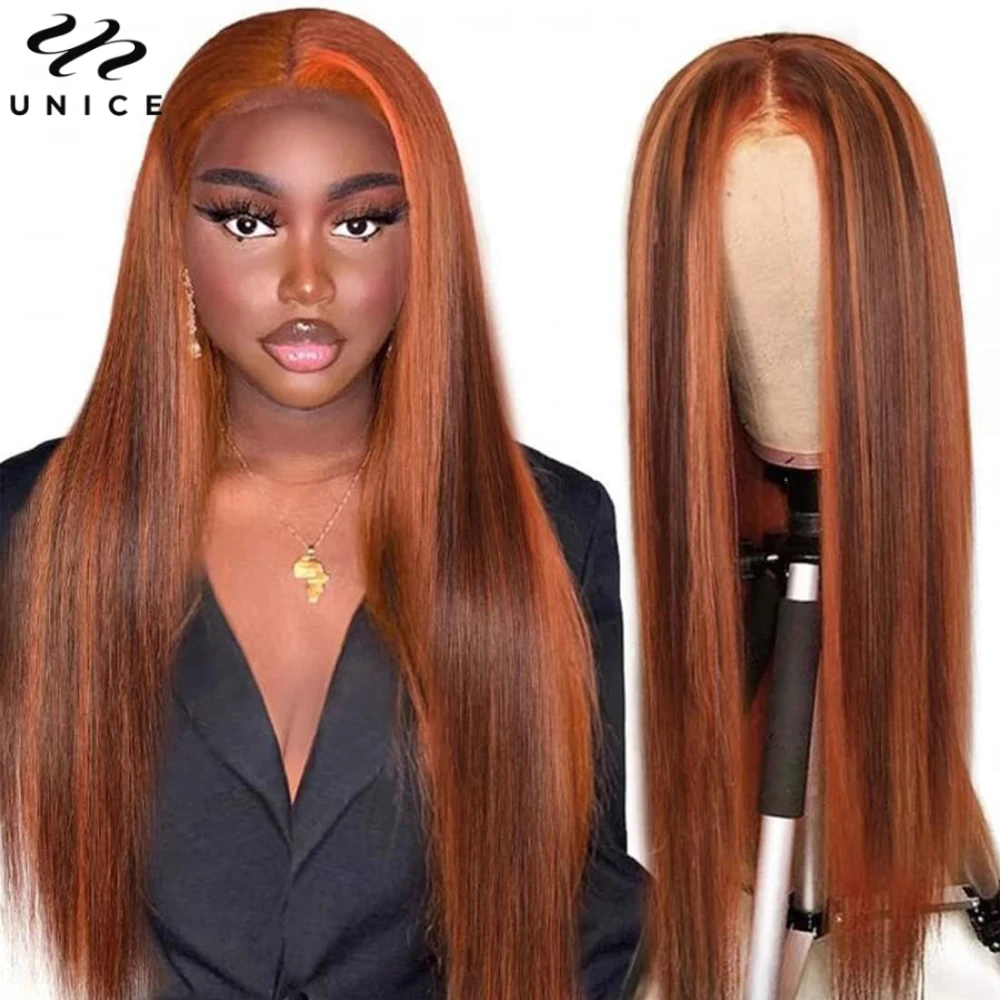 UNice Hair Pre Everything 13x4 Lace Frontal Wig Highlight Ginger Orange Colored Human Hair Straight Lace Front Wig Ready To Wear