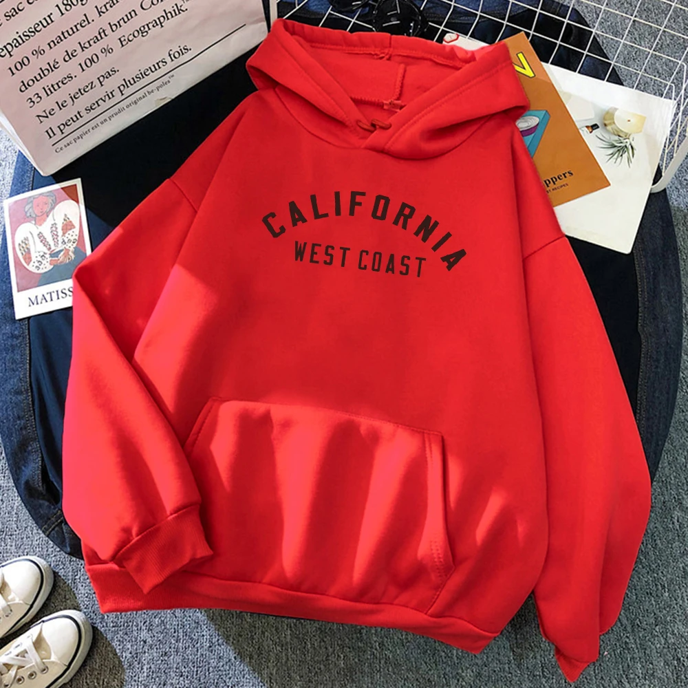 California West Coast Letter Hoodies Female Pocket Autumn Clothes Trendy Fleece Streetwear Loose Comfortable Hoodies For Woman