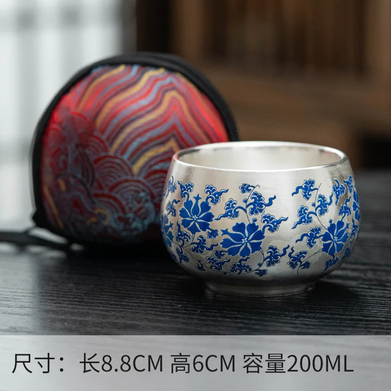 silver teacup creative ceramic silver cup blue and white tangled lotus sterling silver master  single cup gift