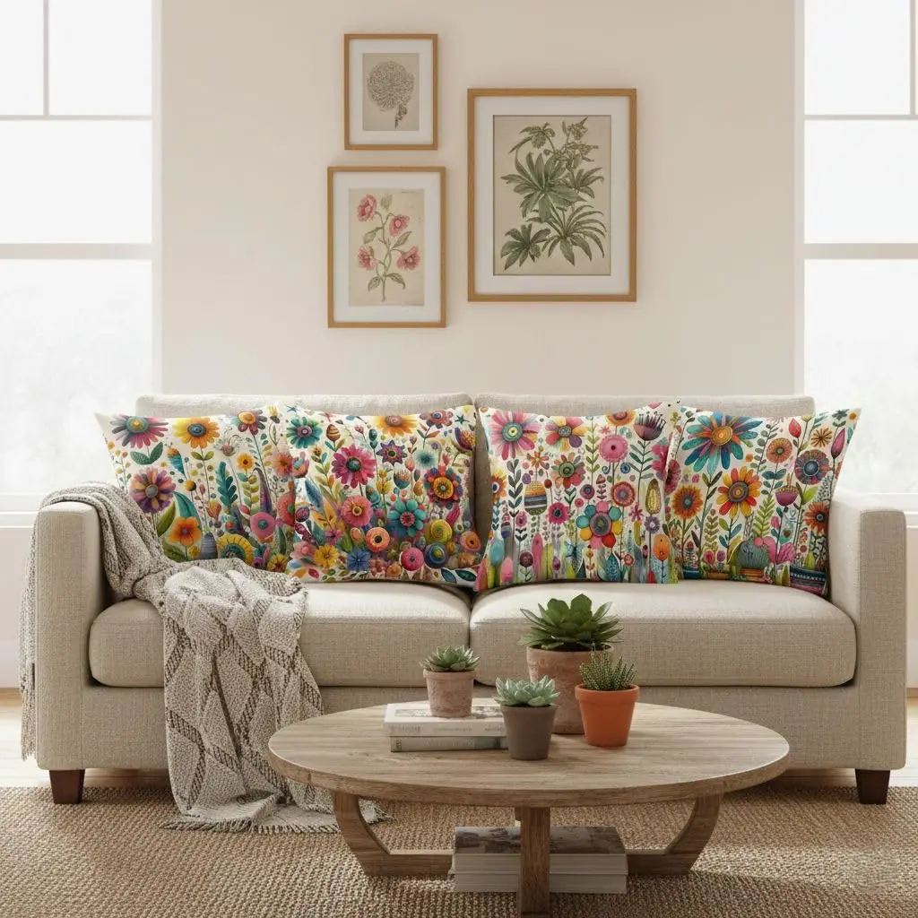 4pcs Colorful Folk Art Cushion Covers, Whimsical Flower & Cactus Print Pillow Cases for Sofa Bedroom Living Room 45x45cm