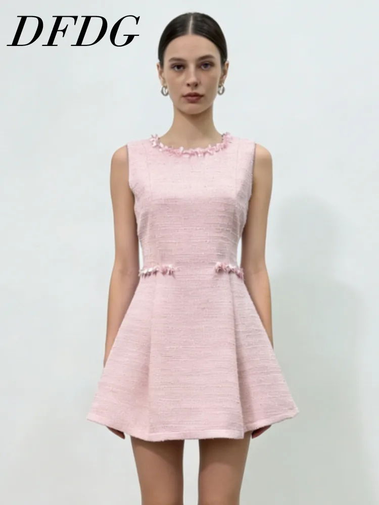 

DFDG Women's Spring Summer Crew Neck Beaded Sleeveless Tweed Flared Dress Elegant Party Wear 2026 Trendy Feminine Fashion Dress