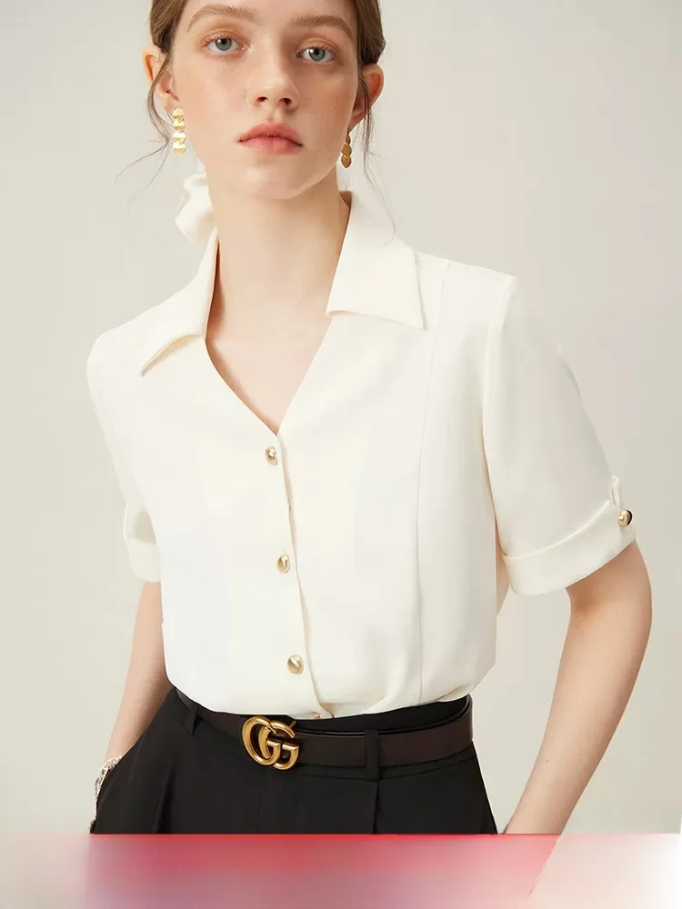 

Vanessa Spring Summer Short Sleeve Shirt Women Lazy Style V-neck Breathable Comfortable Skin-friendly Polyester Casual Top