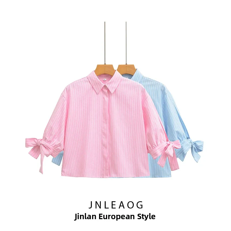 Faionable décontracté rayé irt avec nœud décor JNLEAOG vêtements pour femmes automne nouveau Sle polyvalent Polyester irt