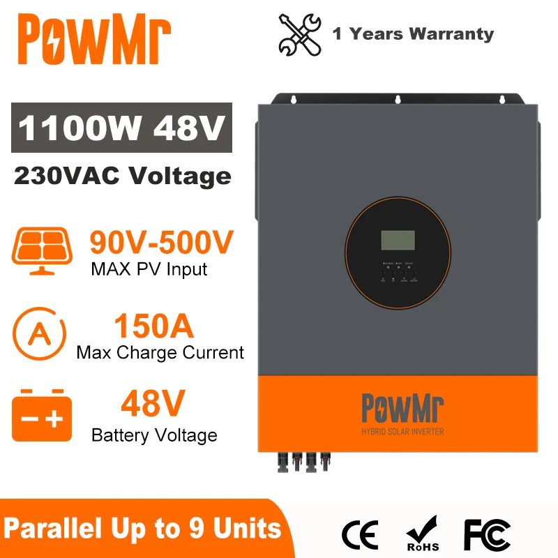 

PowMr 11KW Hybrid Solar Inverter 48V 220V Off Grid Inverter with MPPT 150A Charger Work without Battery Parallel Up to 9 Units