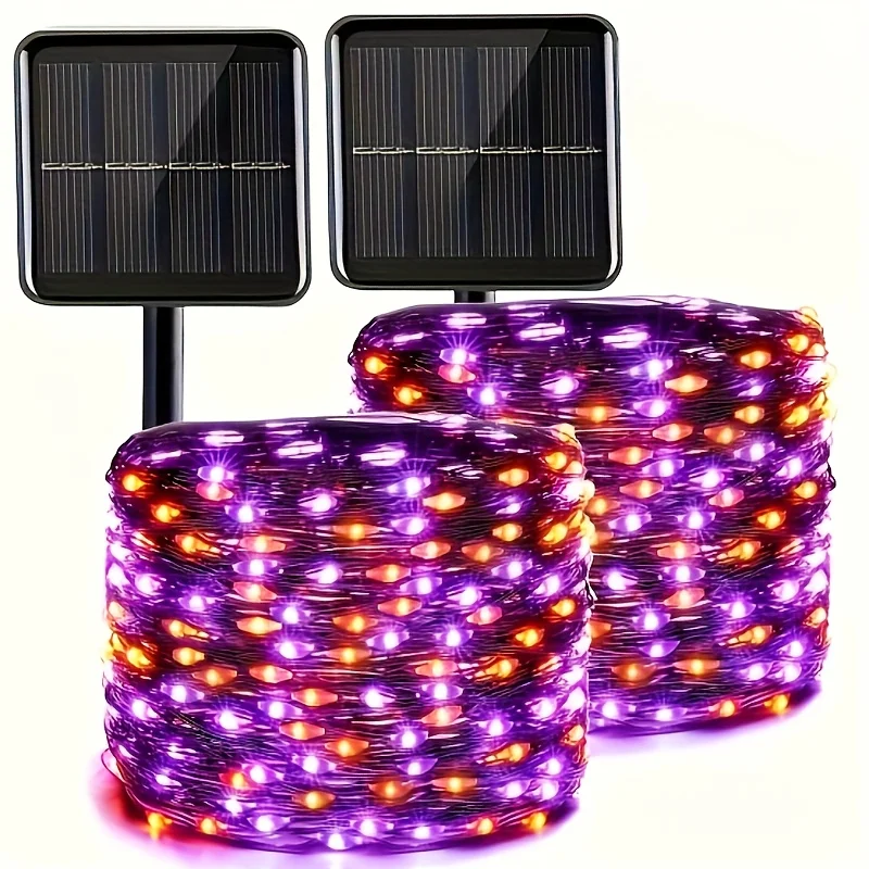1/2pcs Solar Copper Wire LED String Lights Halloween Outdoor Fairy Lights Orange Purple Glow Garden Party Holiday Decoration
