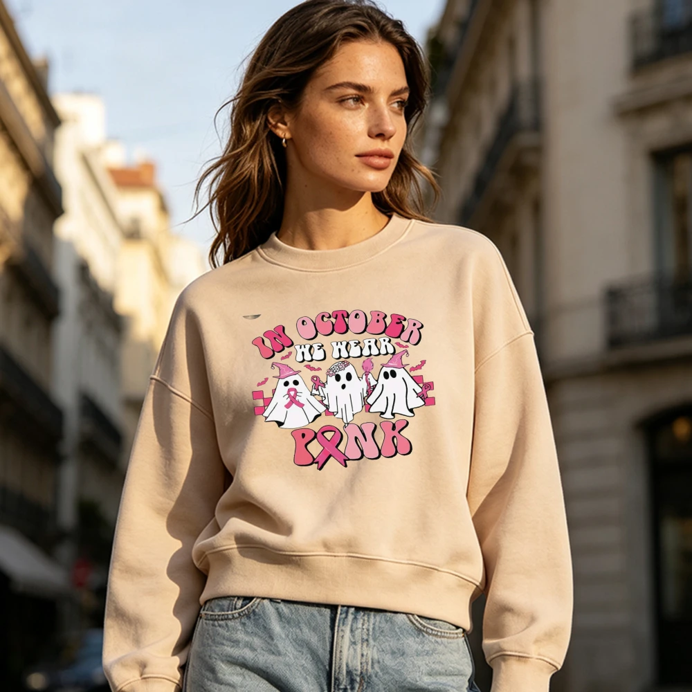 2026 IN OCTOBER WE WEAR PINK October Support Ghost Pattern Women Long Sleeve Pullover Trendy Fall Street Fashion Charity Tops