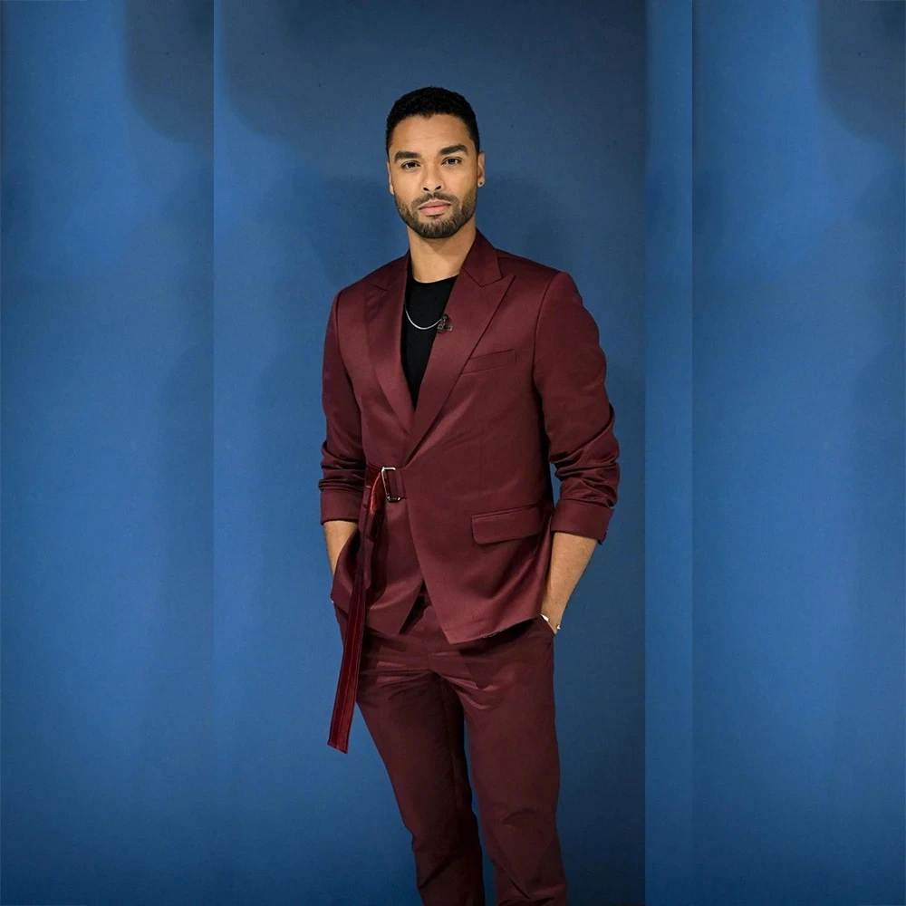 

Burungdy Men's Suits With Belt Peaked Lapel Banquet Business Formal Male Clothing Custom Blazer 2 Pieces Jacket Pant Sets