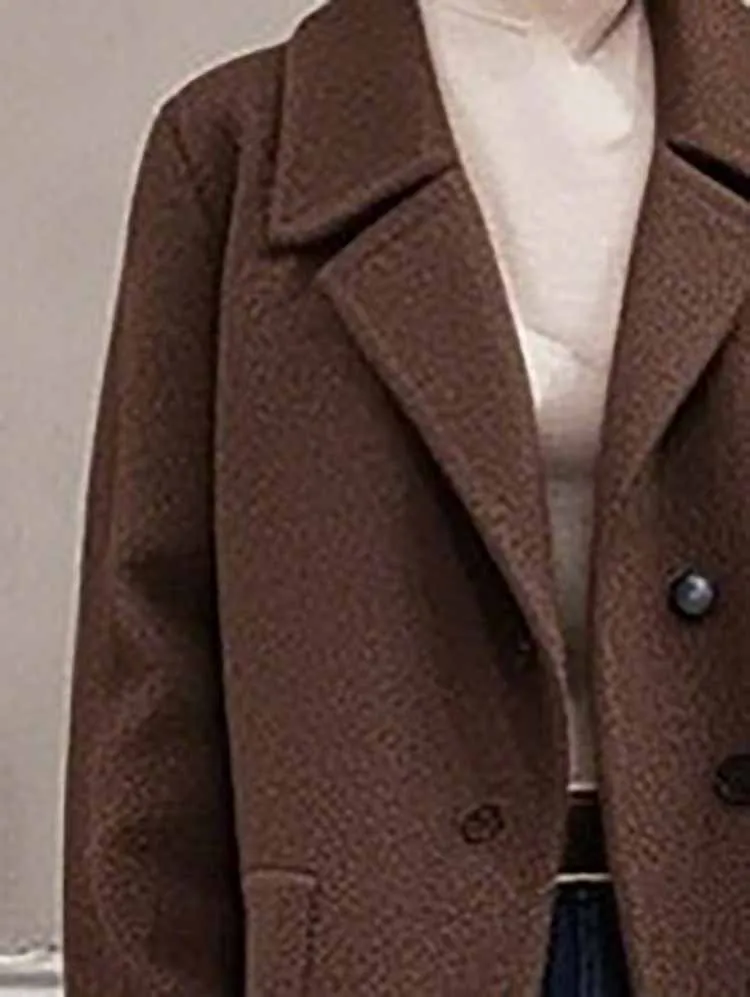 

Casual Long Sleeve Solid Color Pocket Overcoat Elegant OL Commute Style Coat Women Fashion Lapel Button Thick Mid Length Jacket