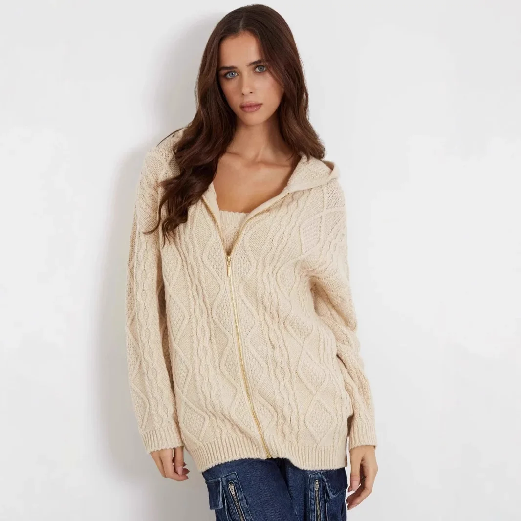 

Повседневные однотонные свитера с капюшоном на молнии, женские осенние модные уличные костюмы, свободный вязаный кардиган с длинными рукавами, топы