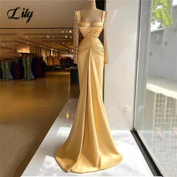 Lily Gold Square Collar Evening Gown Full Sleeves Elegant Prom Dress Sequined Pleat Mermaid Wedding Evening Dress robe de soirée