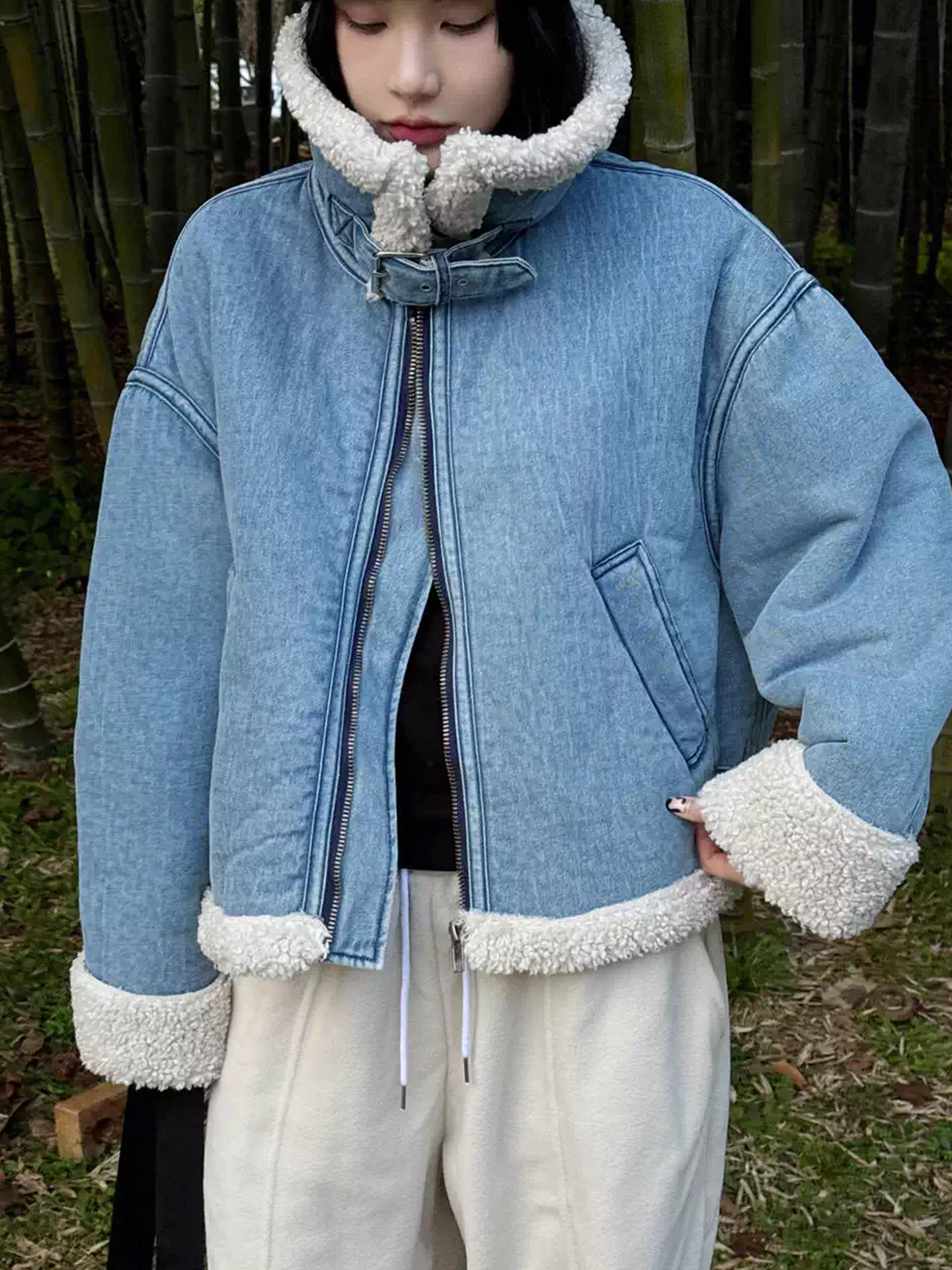 

Denim Coat Leopard Fur Plush Womens Autumn Wide Plaids French Style Urban Comfort Double-Sided Patchwork Notched Fluffy V-Neck