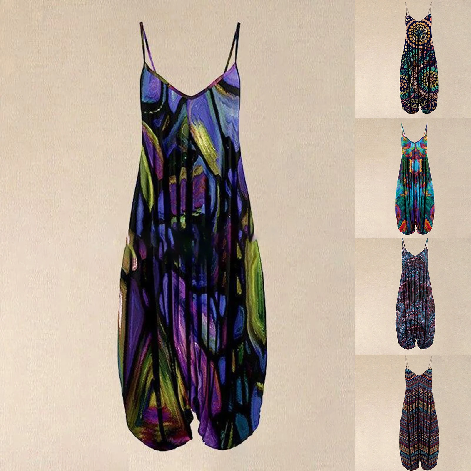 Jumpsuit Selempang Wanita Terusan Kaki Lebar Jumpsuit Romper Harem Longgar Geometris Boho Motif Bunga Tanpa Lengan Garmen Wanita Musim Panas