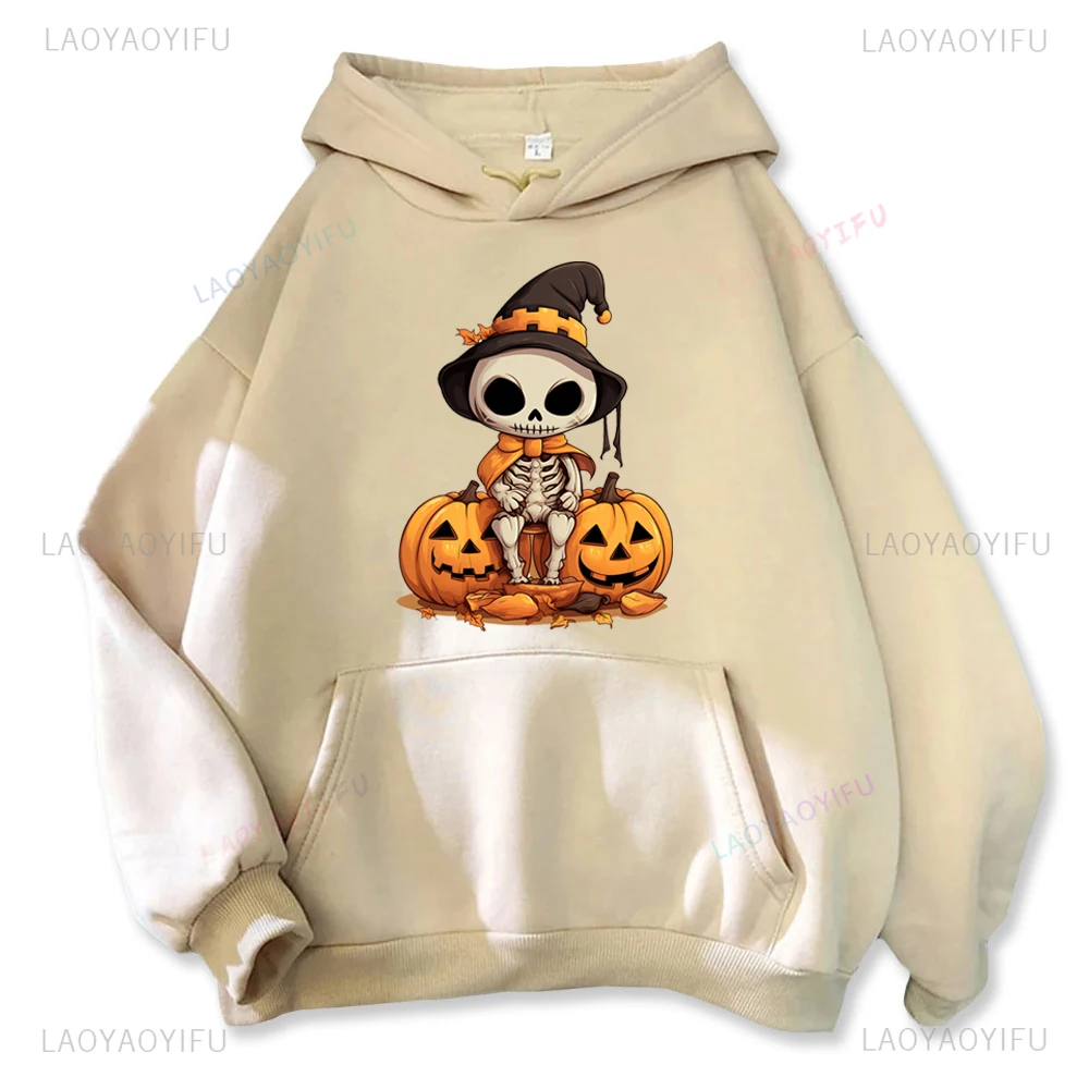 Halloween Bones Witch Pumpkin Graphic Hoodies Woman Man Autumn and Winter All Saints' Day Orange Sweatshirt Creative Hoody