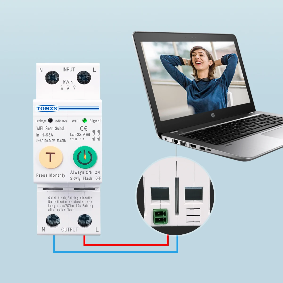 TOMZN 63A smartlife 2P WIFI Smart Switch Energy Meter Kwh Metering Monitoring Circuit Breaker Timer Relay MCB TUYA