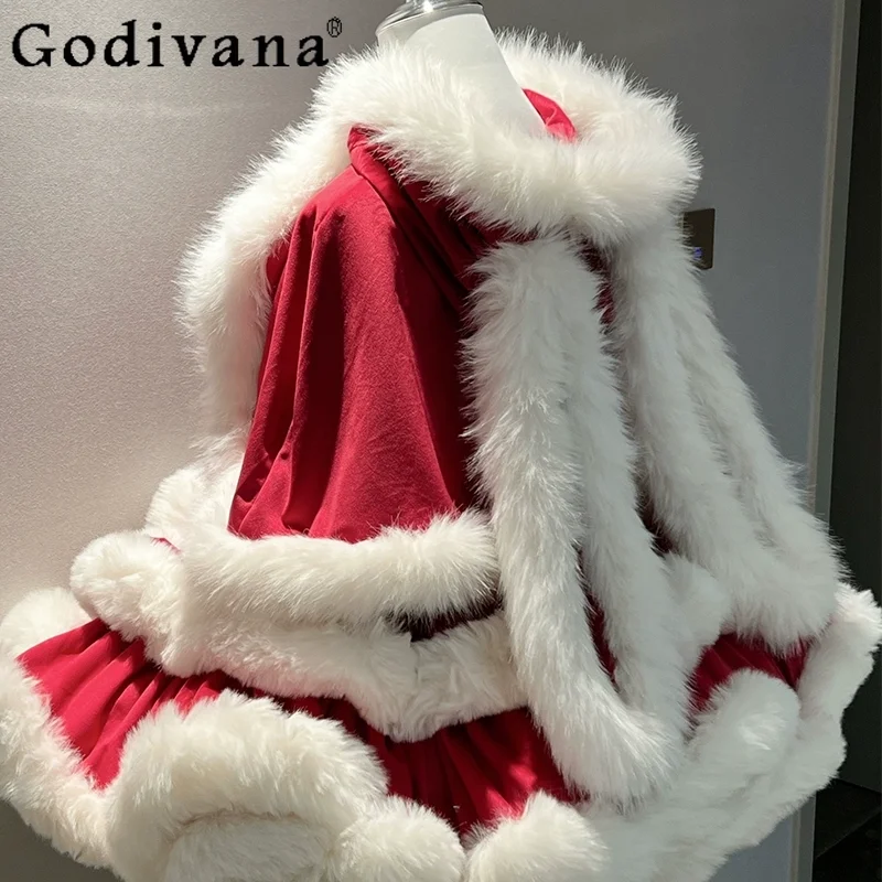 

Christmas New Year Red Japanese Style Original Lolita Princess Style Strapless Dress Sweet Cute Kawaii Girl Warm Cape Coat