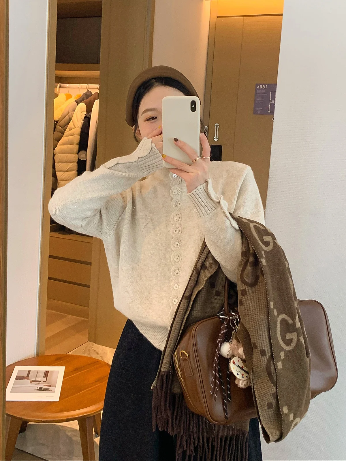 

Love Devil Fish Knitted Long Sleeve round Neck Single Button Women's Cardigan Winter New Style Versatile Color Coat