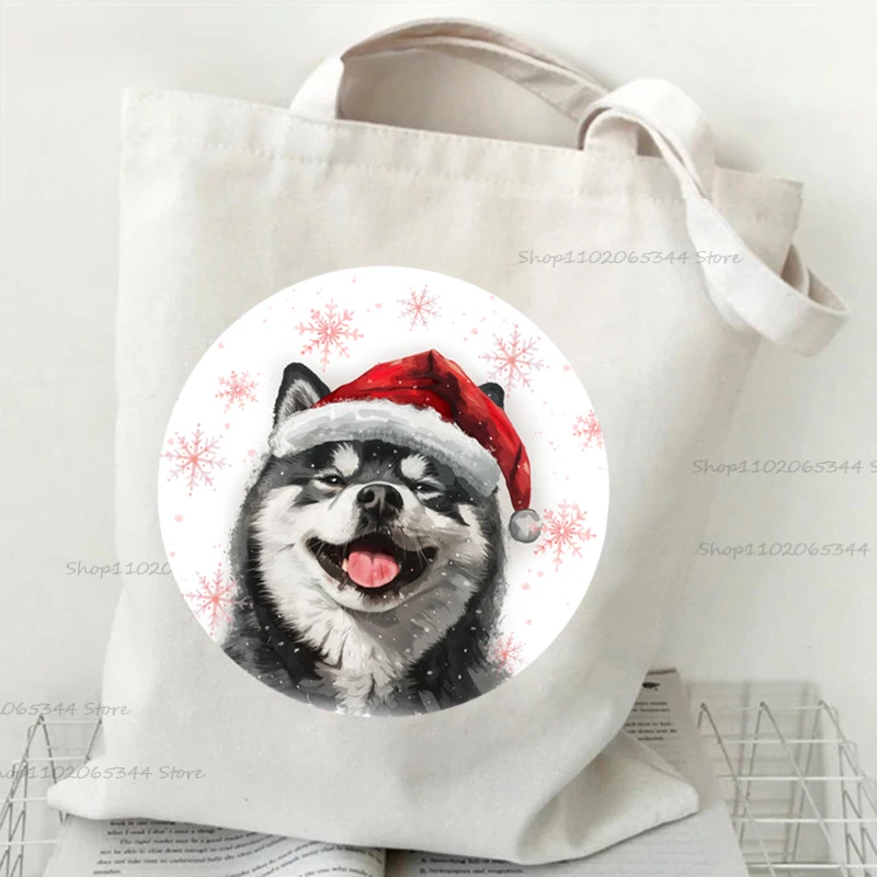 Kawaii Canvas Shoulder Bag Christmas Husky Shepherd Dog Bulldog Pattern Women's Handbags Fashion Animal Dog Lover Teen Tote Bag