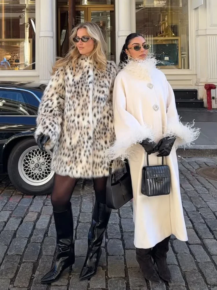 Womens Leopard Print Faux Fur Coat Long Sleeve Open Front Fluffy Warm Jacket Fall Winter Party Daily Streetwear Trendy Outerwear