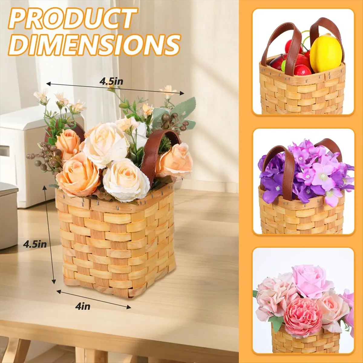 6 Pcs 4.5x4.5x4 in Small Basket Woodchip Baskets with Handles for Gifts Small Square Basket Storage Organizing Pantry