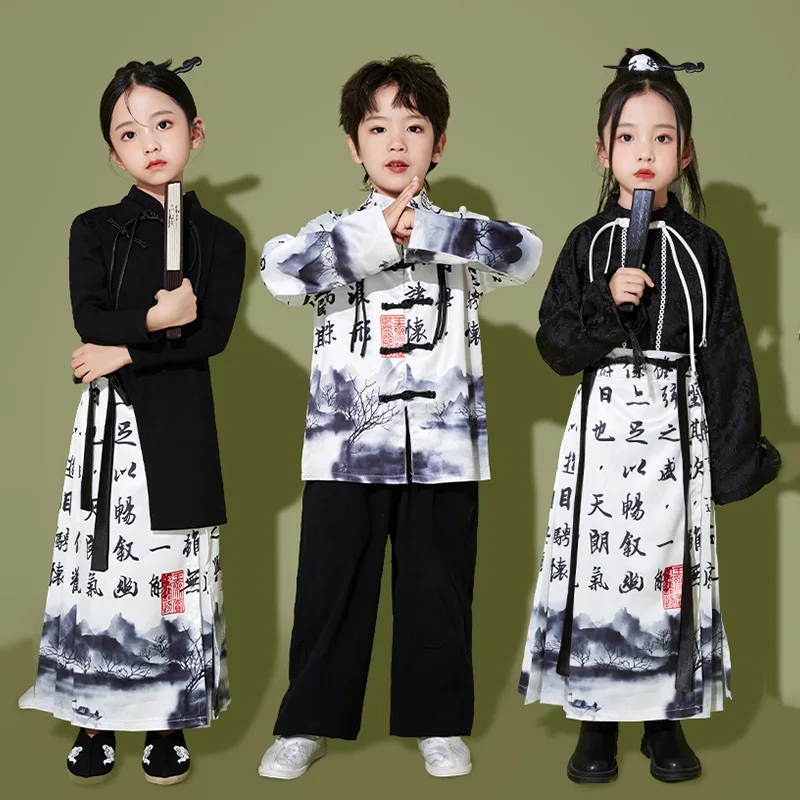 

New Children's Jazz Dance Set Hanfu Horse Face Skirt Girls and Boys Performance Clothing Tangzhuang Performance Clothing DQL8979