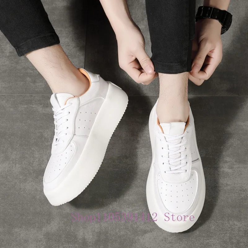Men Sneakers Genuine Leather Breathable Platform Skate Shoes Lace‑Up Thick Bottom Height Increasing Casual Daily Walking Shoes