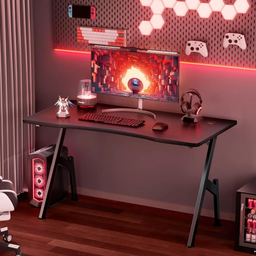 40 Inch Gaming Desk with Carbon Fibre Surface- A Shape Large Computer Desk Gaming Table Ergonomic Pc Gaming Workstation