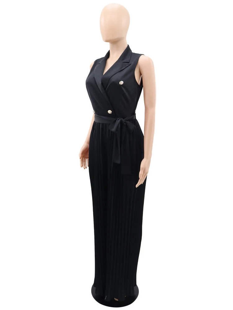 V-Neck Pleated Sleeveless Jumpsuit Women\'s Commuting Wind High Waisted Lace up Wide Leg Pants Loose Fashionable Jumpsuit