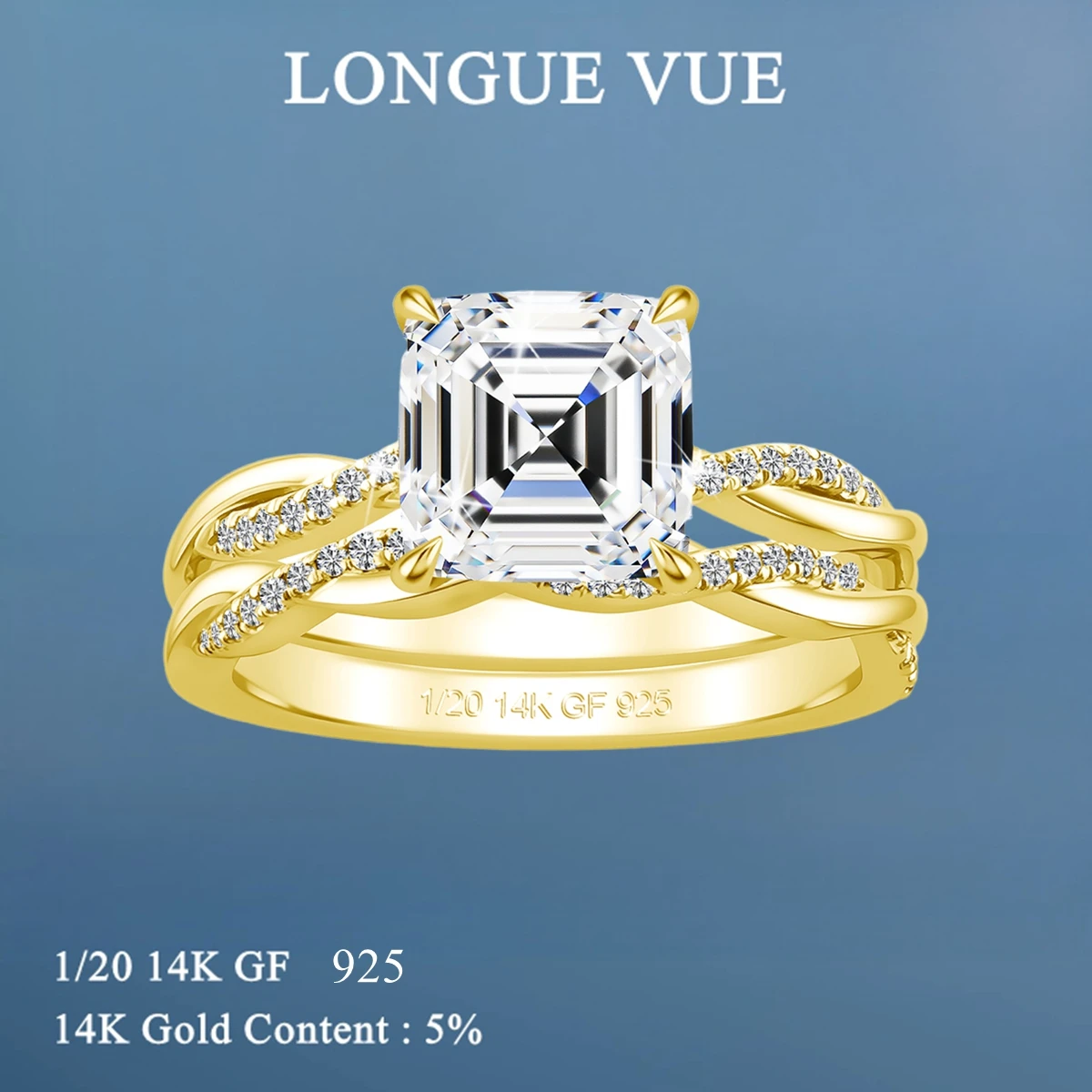 

14K Gold Filled Double Stackable Rings Set for Women Bridel Wedding Jewelry Luxury 2pcs Asscher Cut Moissanite Engagement Ring