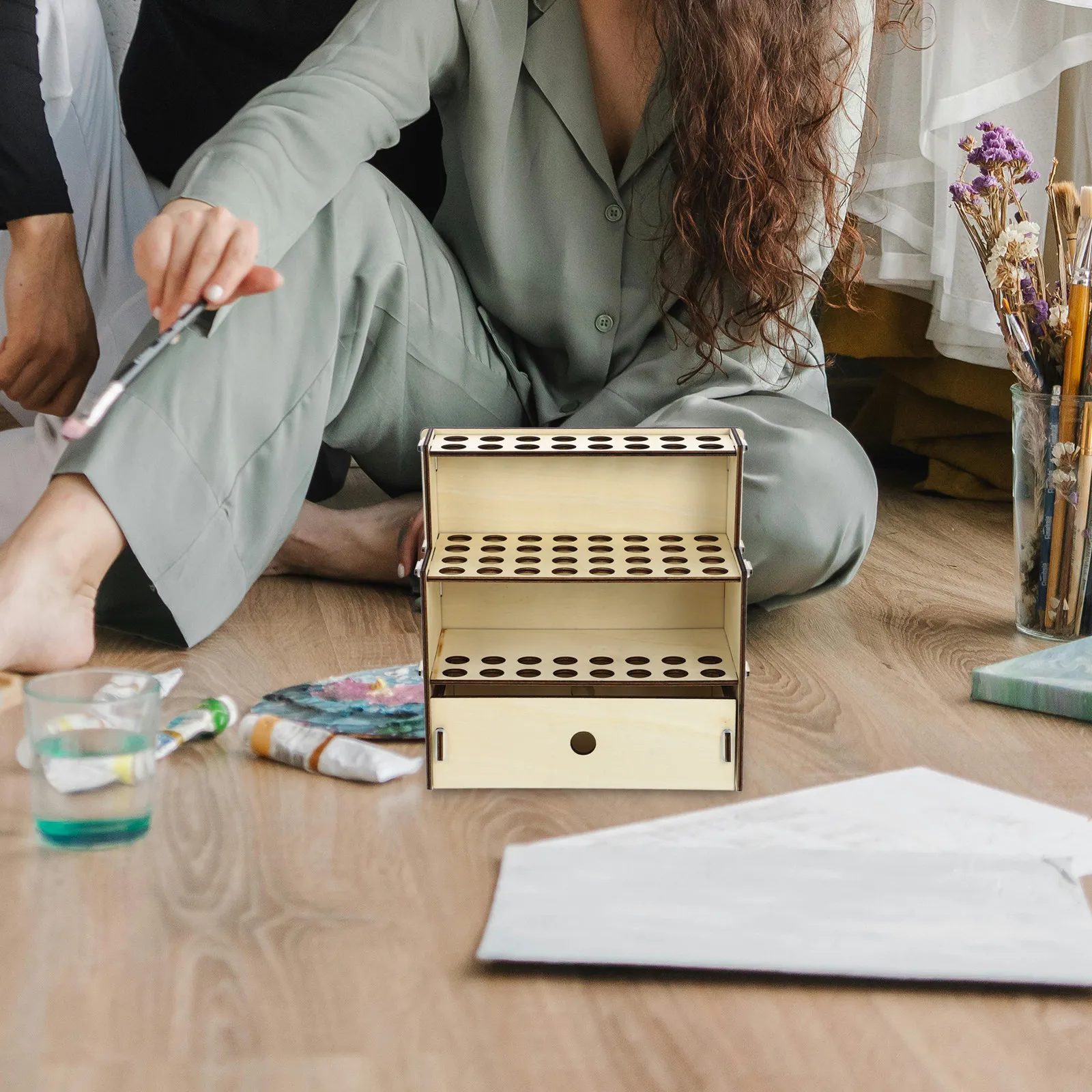 

Paint Brush Storage Box Wood Desktop Organizer For Artists Brush Holder Rack Marker Pen Storage Container Desk Organizer