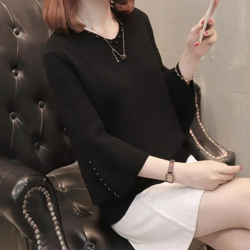 Nowa moda Knitting All-match Pullovers Top Wiosna Jesień Jednolity kolor Prostota Swetry Elegancki temperament Odzież damska