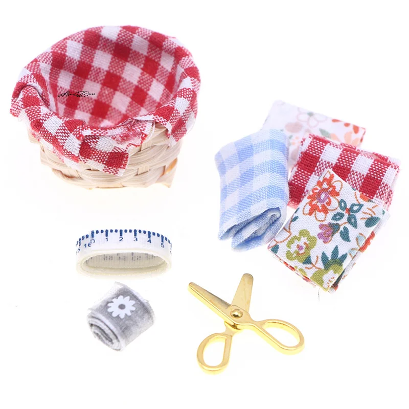 1 Juego de 1:12 casa de muñecas en miniatura, cesta de tela para coser, regla, tijeras, modelo para el hogar, decoración, juguete, accesorios para casa de muñecas