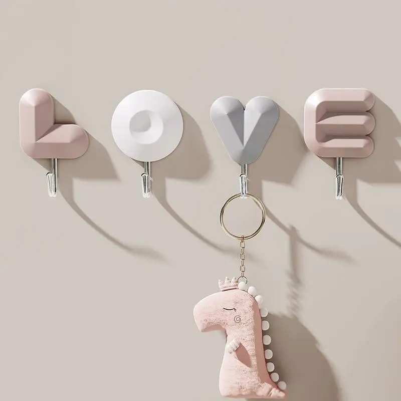 LOVE Letter Self Adhesive Wall Hooks Waterproof No Drilling Decorative Hanger for Shower Room Toilet Home Decor