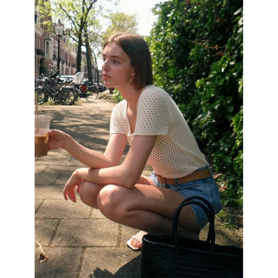 

Шикарный круглый трикотаж Ne Hollow out ort Sve, простой женский топ Dongda Gate, летняя мода, повседневный базовый цвет