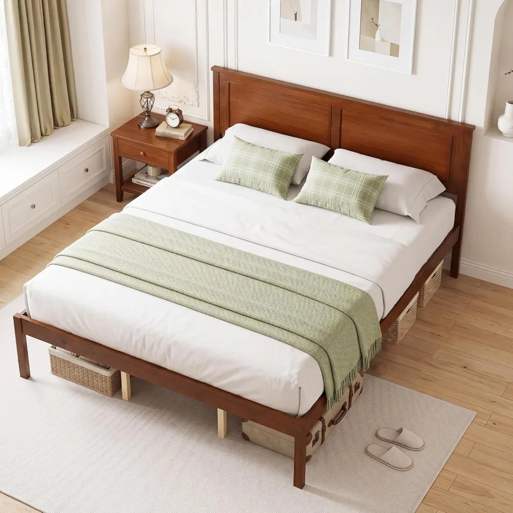 Wood Queen Size Bed Frame with Headboard, Mid-Century Modern Platform Bed W/Wooden Slat Support, Solid Mattress, Customized